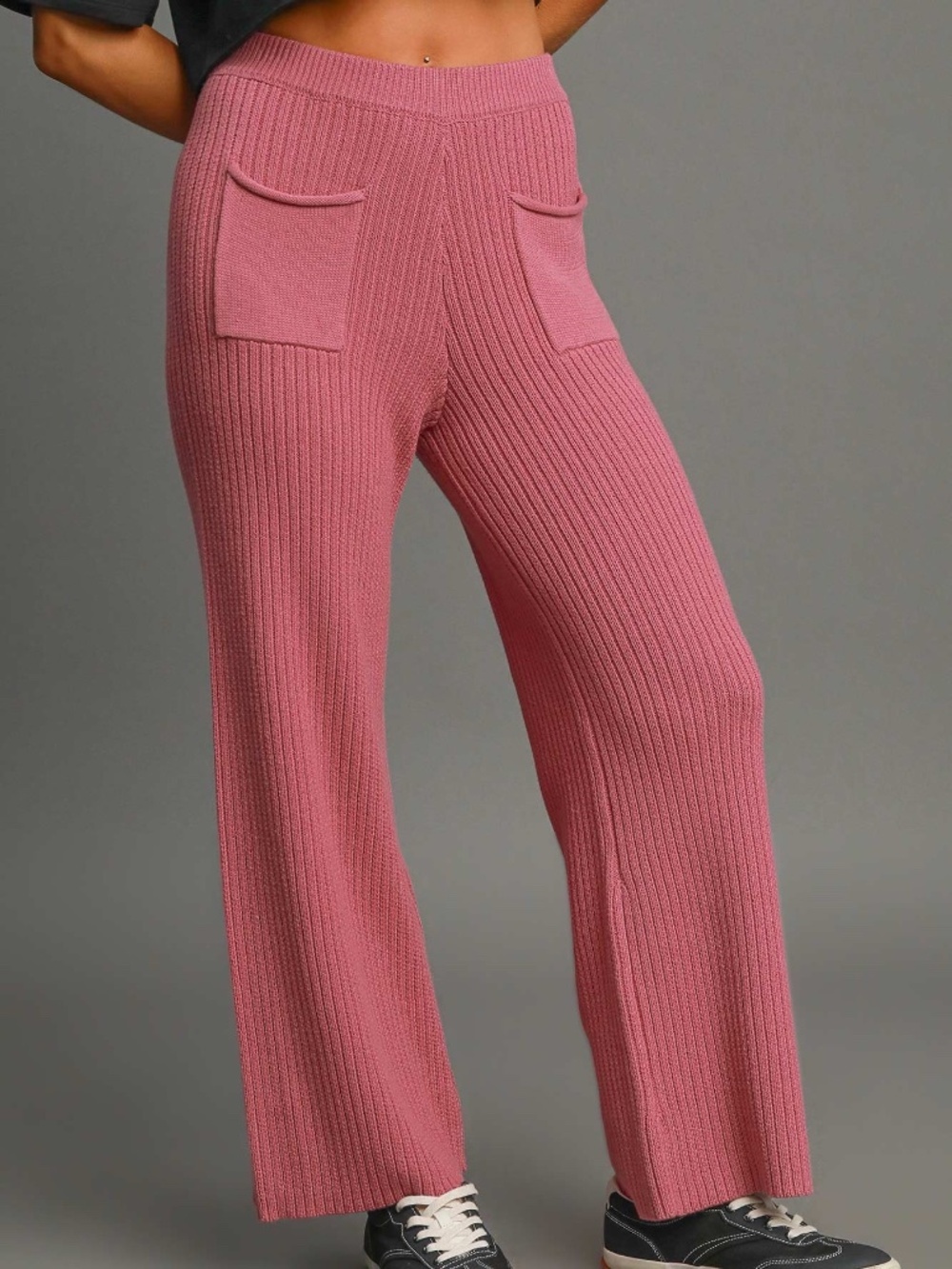 Umgee Mauve Rib Knit Straight Leg Pants Cotton Blend Pull-On Pockets NWT